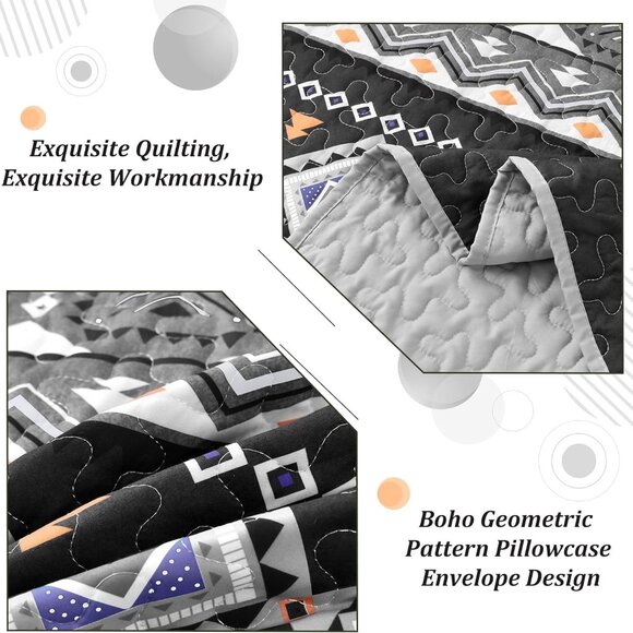 New Boho Aztec Black & Grey 3 PC Bedding 100% Polyester Quilt Set • KING Size - Picture 6 of 6